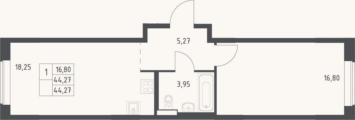 Планировка: 2-к, 44,3 м²