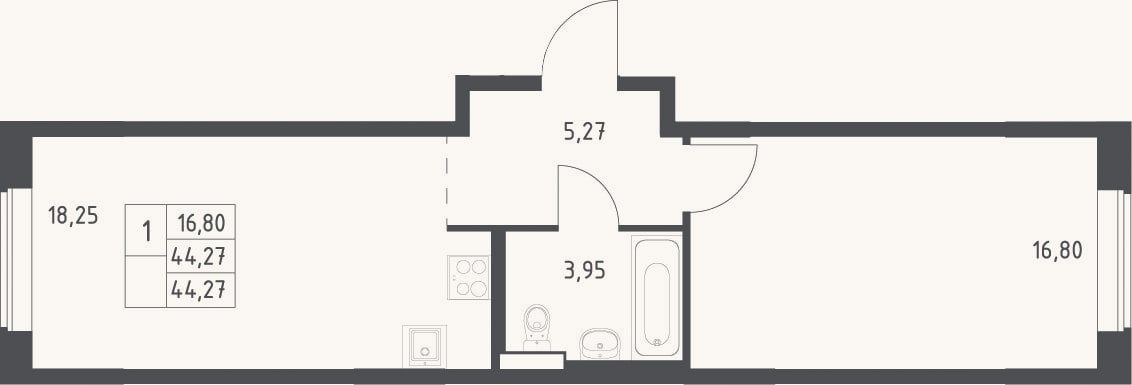 Планировка: 2-к, 44,3 м²