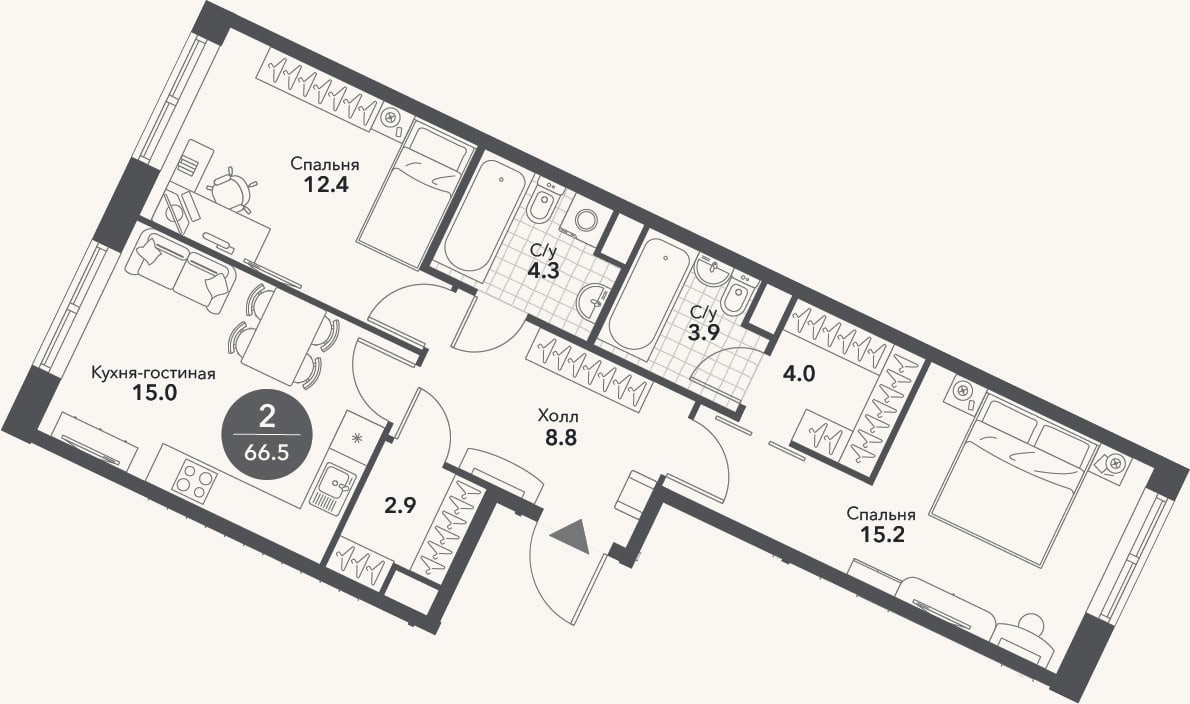 Планировка: 3-к, 66,5 м²