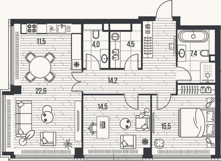 Планировка: 3-к, 94,2 м²