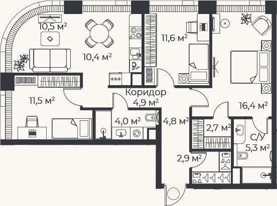 Планировка: 4+ к, 84,7 м²