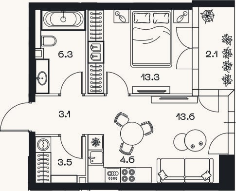 Планировка: 2-к, 44,4 м²