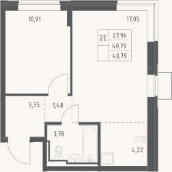 Планировка: 2-к, 40,8 м²