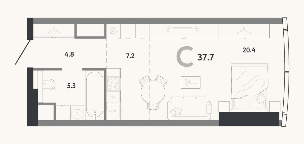 Планировка: Студия, 37,7 м²