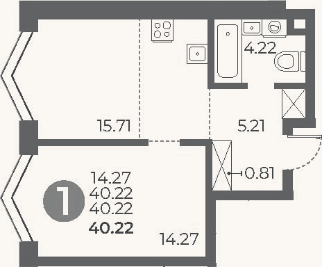 Планировка: 1-к, 40,2 м²
