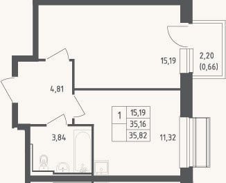 Планировка: 1-к, 35,2 м²