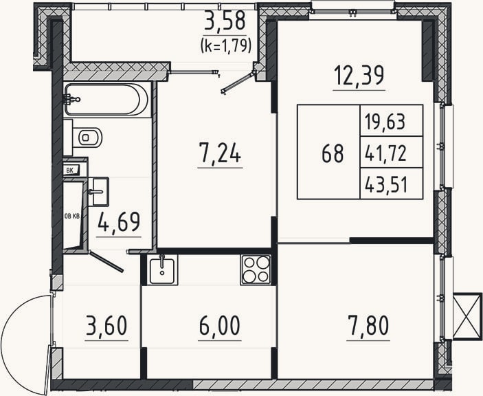Планировка: 2-к, 41,7 м²