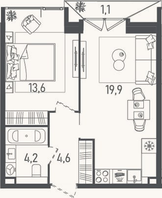 Планировка: 2-к, 42,3 м²
