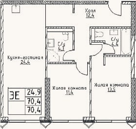 Планировка: 3-к, 70,4 м²