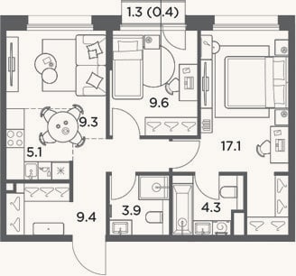 Планировка: 3-к, 58,7 м²