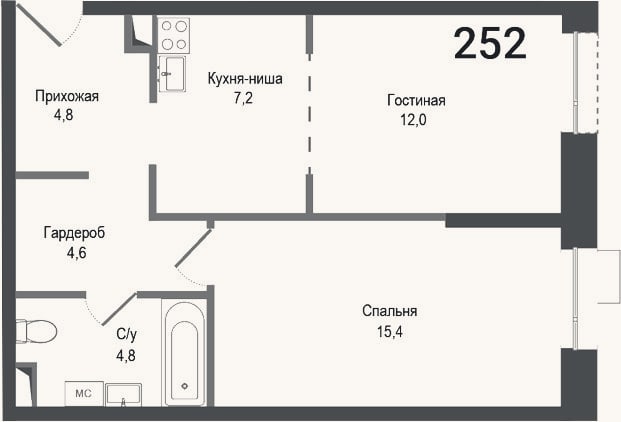 Планировка: 2-к, 48,8 м²