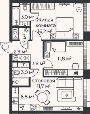 Планировка: 3-к, 60,6 м²