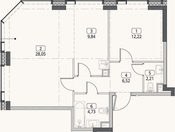 Планировка: 2-к, 63,6 м²