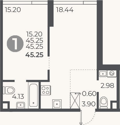 Планировка: 1-к, 45,3 м²