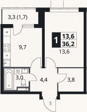 Планировка: 1-к, 34,5 м²