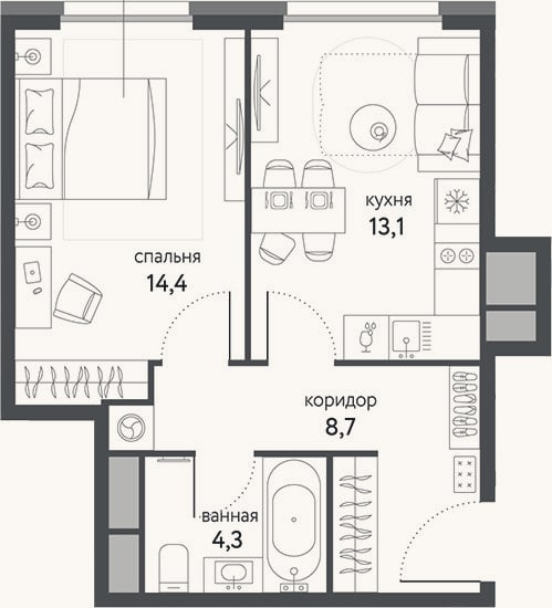 Планировка: 1-к, 40,5 м²