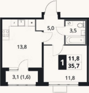 Планировка: 1-к, 34,1 м²
