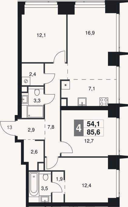 Планировка: 4+ к, 85,6 м²