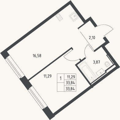 Планировка: 2-к, 33,8 м²