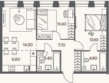 Планировка: 3-к, 62,4 м²