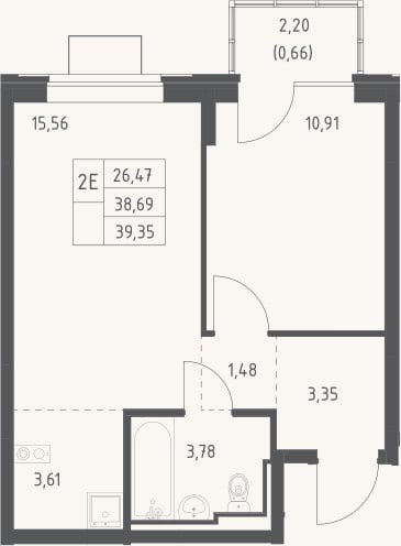 Планировка: 2-к, 38,7 м²