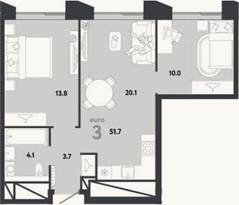 Планировка: 3-к, 51,7 м²