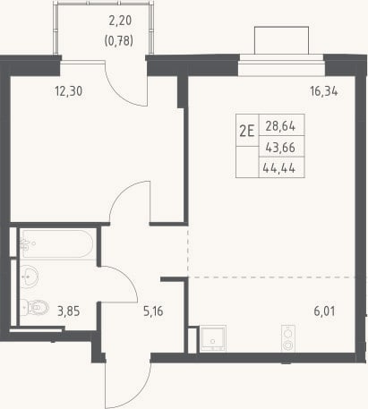 Планировка: 2-к, 43,7 м²