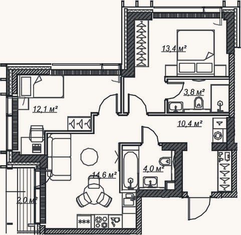 Планировка: 3-к, 58,4 м²