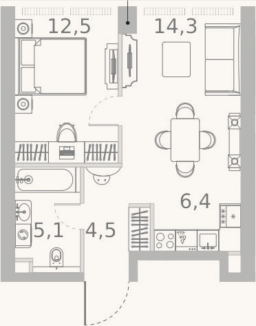 Планировка: 2-к, 42,8 м²
