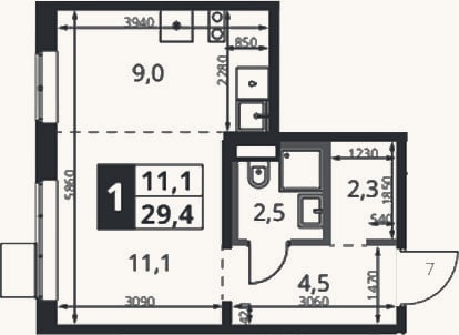 Планировка: Студия, 29,4 м²