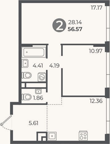 Планировка: 2-к, 56,6 м²