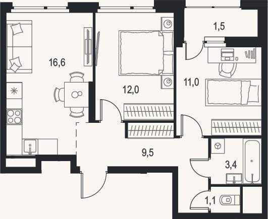 Планировка: 2-к, 53,6 м²