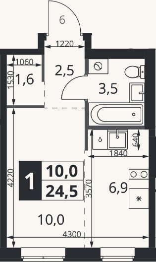 Планировка: Студия, 24,5 м²