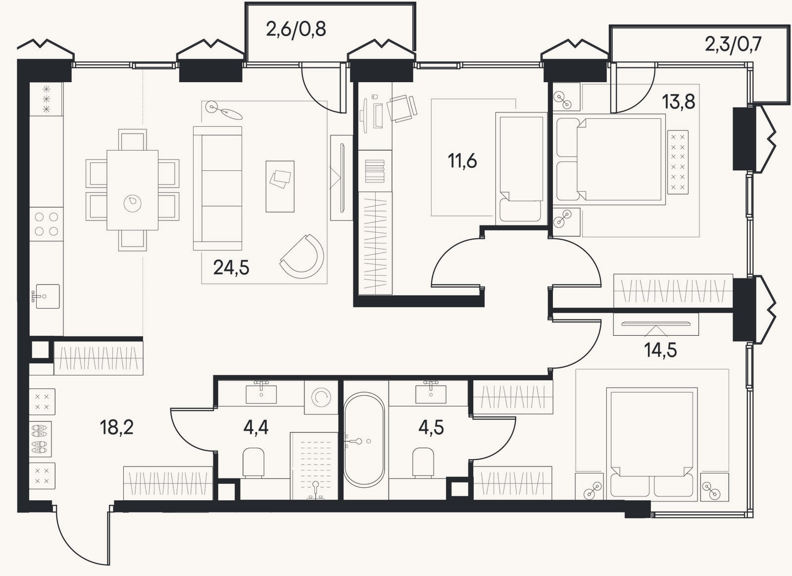 Планировка: 4+ к, 91,5 м²