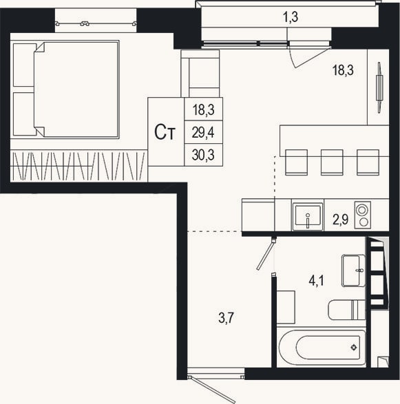 Планировка: Студия, 29,4 м²