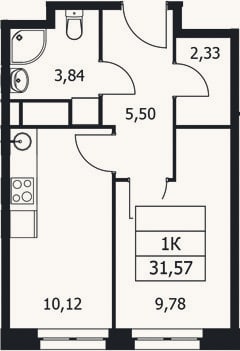 Планировка: 1-к, 31,6 м²