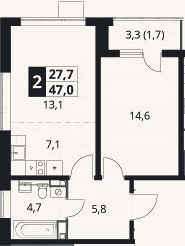 Планировка: 2-к, 45,3 м²