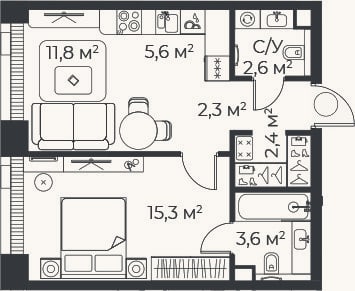 Планировка: 2-к, 43,6 м²