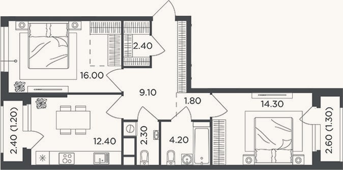 Планировка: 2-к, 62,5 м²