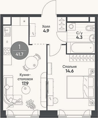 Планировка: 2-к, 41,7 м²