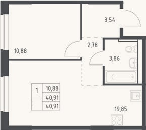 Планировка: 2-к, 40,9 м²