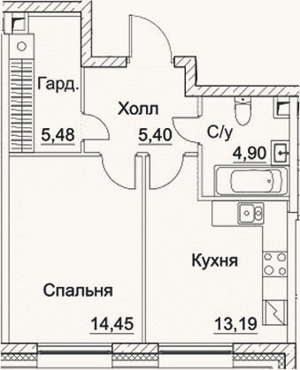Планировка: 1-к, 43,4 м²