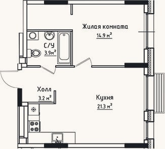 Планировка: 1-к, 43,3 м²