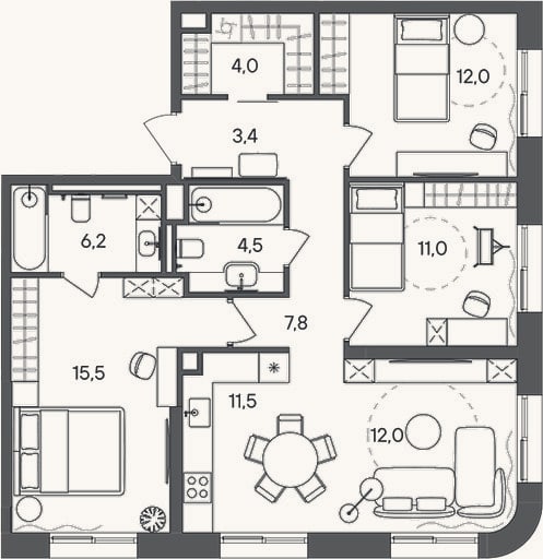 Планировка: 4+ к, 87,9 м²