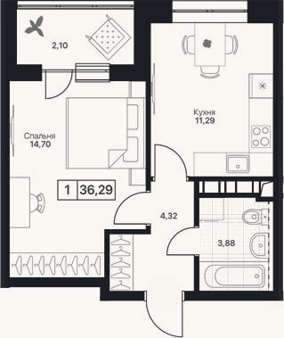 Планировка: 1-к, 34,2 м²
