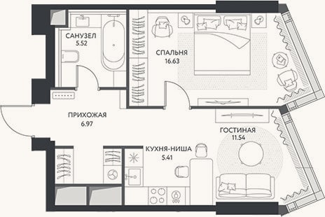 Планировка: 2-к, 46,1 м²