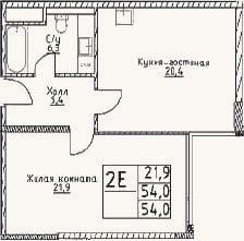 Планировка: 2-к, 54 м²