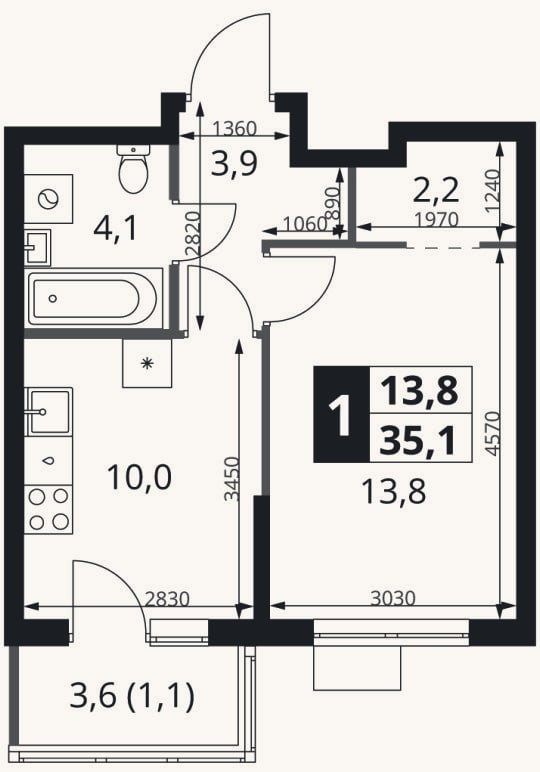 Планировка: 1-к, 34 м²