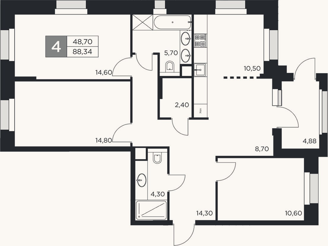 Планировка: 4+ к, 85,9 м²
