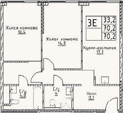 Планировка: 3-к, 70,2 м²